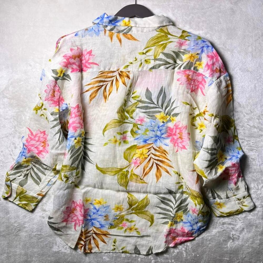 Vitamin A Playa Linen Boyfriend Shirt Women's L Natural Drapey Floral Color Pop - Picture 3 of 5